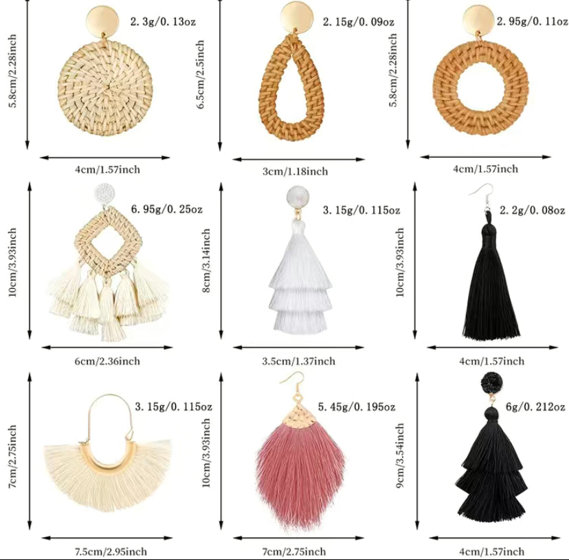9 pairs rattan earrings tassel earrings for girls